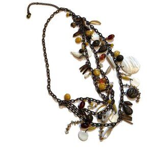 NECKLACE CHARMS SHELLS GLASS BROWN WHITE YELLOW MIXED MEDIA 30”